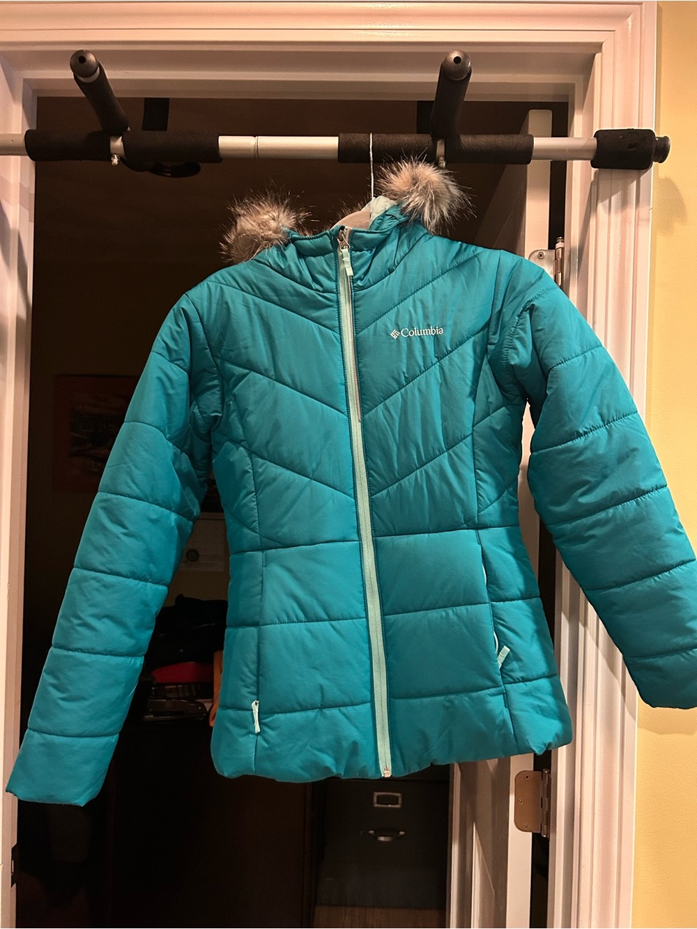 Columbia Teal Girls' Puffer Jacket with Faux Fur Trim